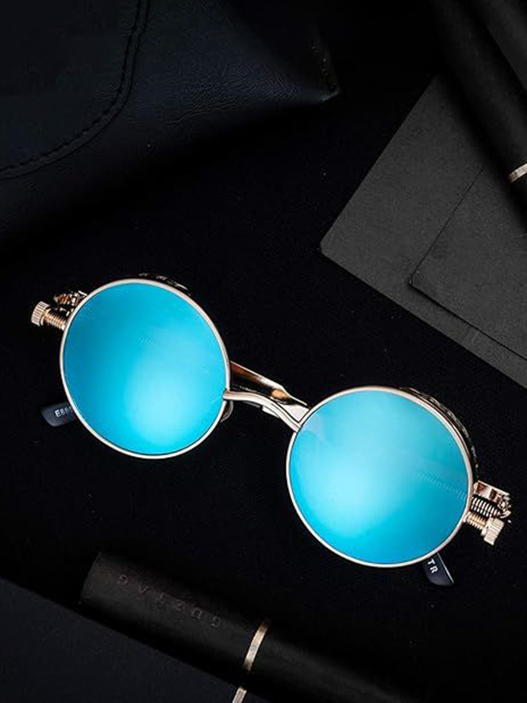 BLACK JONES Unisex Blue Lens & Silver-Toned Round Sunglasses wBJ-ROUND-CUP-SKY-Sky