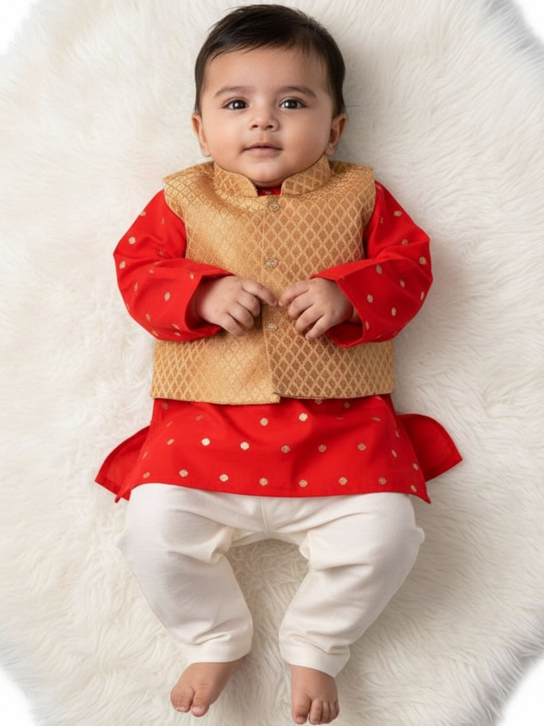 Sangria Boys Red Silk Kurta Trousers with Waistcoat