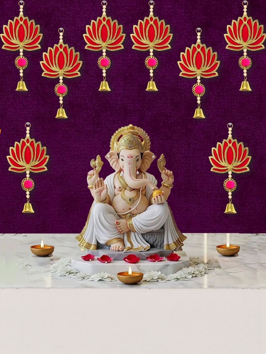 ASIDEA Set of 8 Lotus Wall Hangings With Decorative Bell Garland