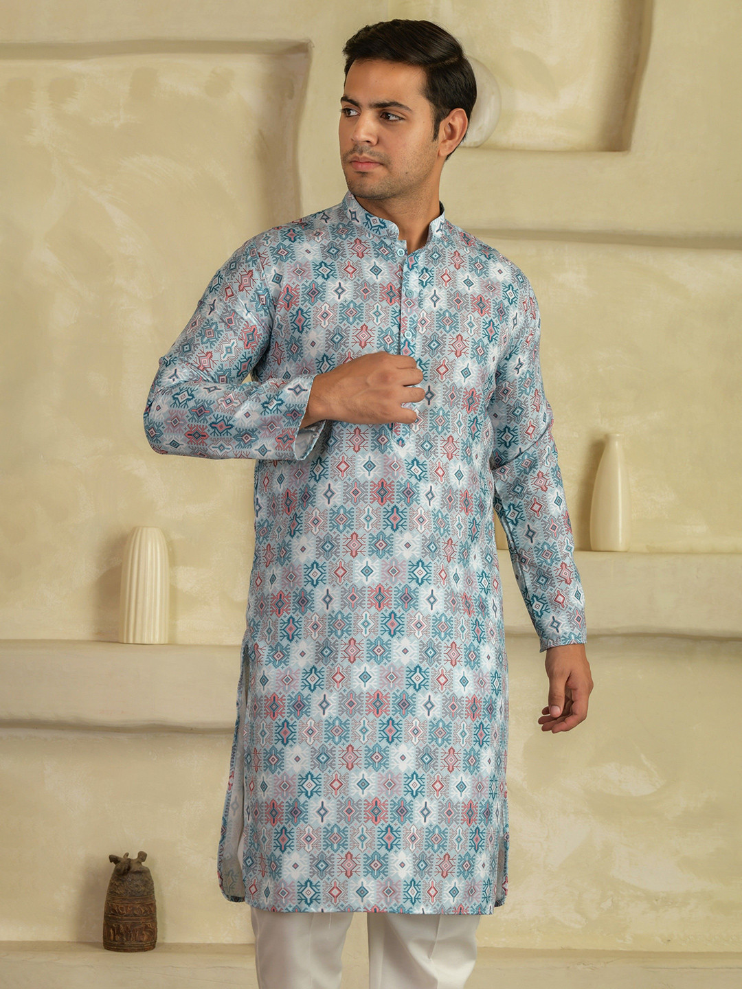 LEMONX Men Geometric Printed Festive Straight Kurta