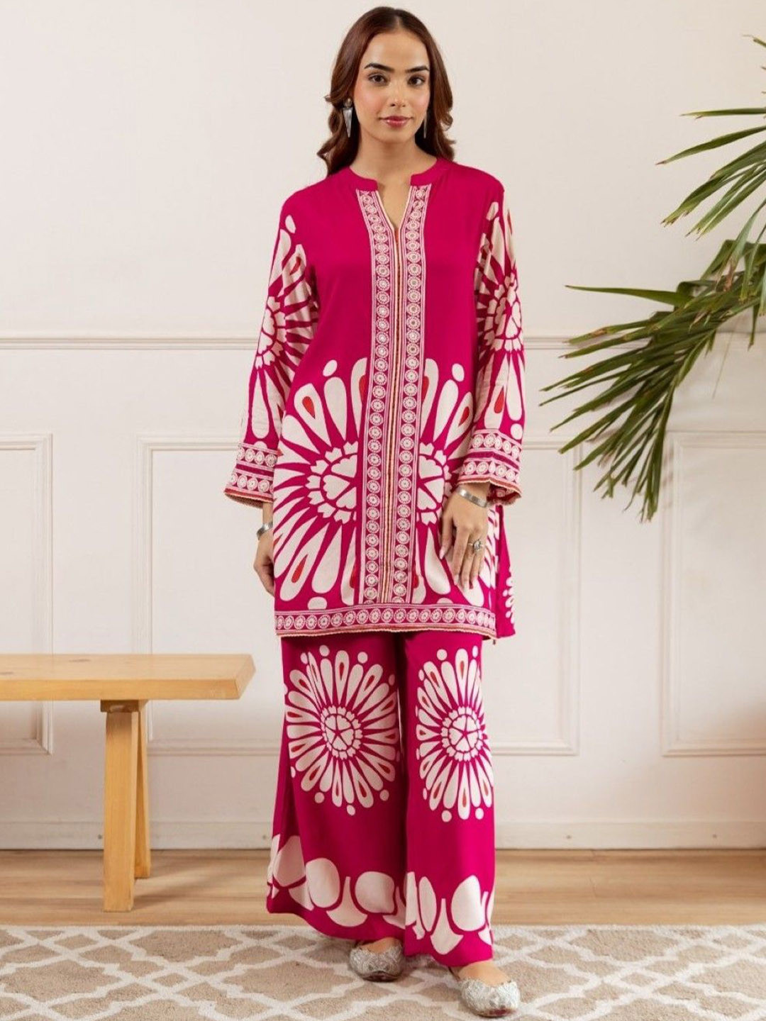 AUTUMN LANE Sonpal Flamingo Printed Mandarin Collar Pure Cotton Tunic With Palazzo Co-Ords