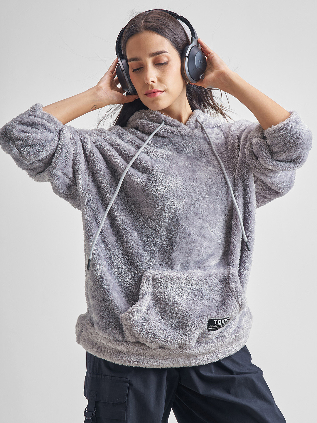 Tokyo Talkies Grey Hooded Oversized Pullover