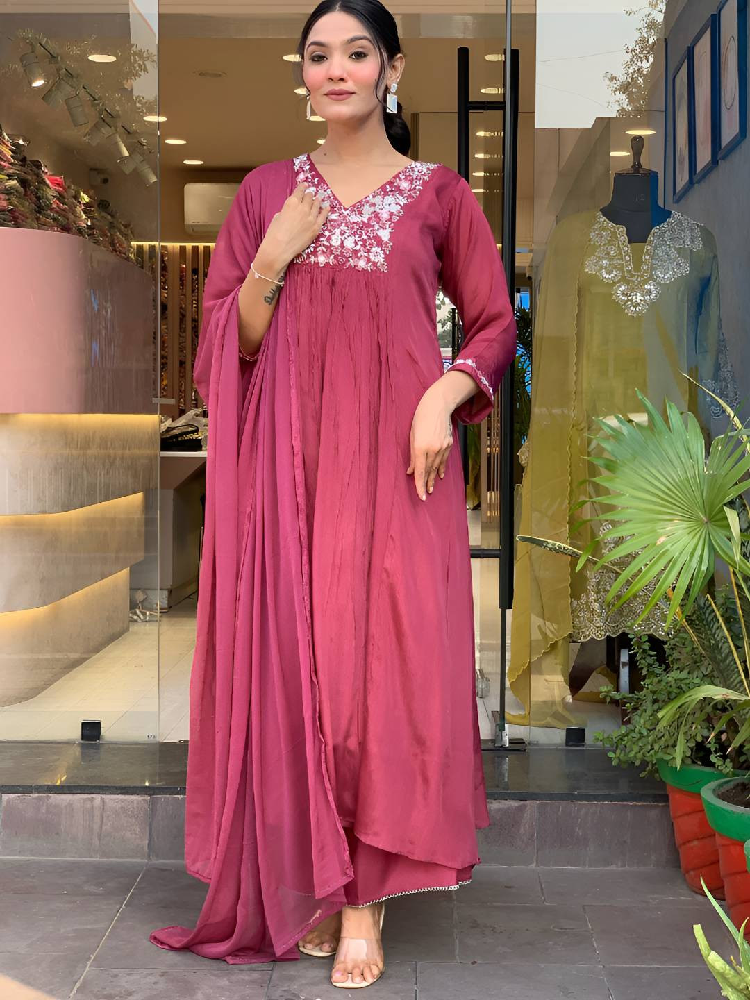 Pantos Floral Embroidered V-Neck Thread Work A-Line Kurta With Palazzos & Dupatta