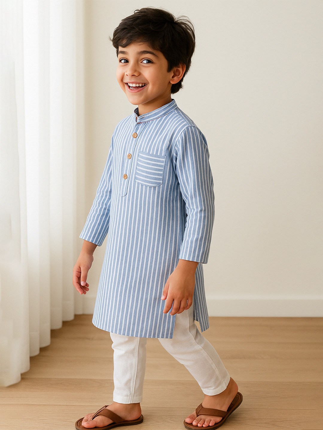 TALES & STORIES Boys Blue & White Striped Thread Work Cotton Kurta