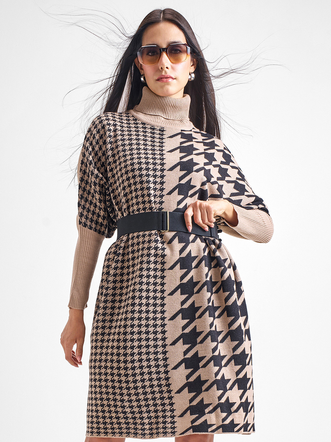 Tokyo Talkies Brown Houndstooth Printed Turtle Neck Longline Acrylic Pullover
