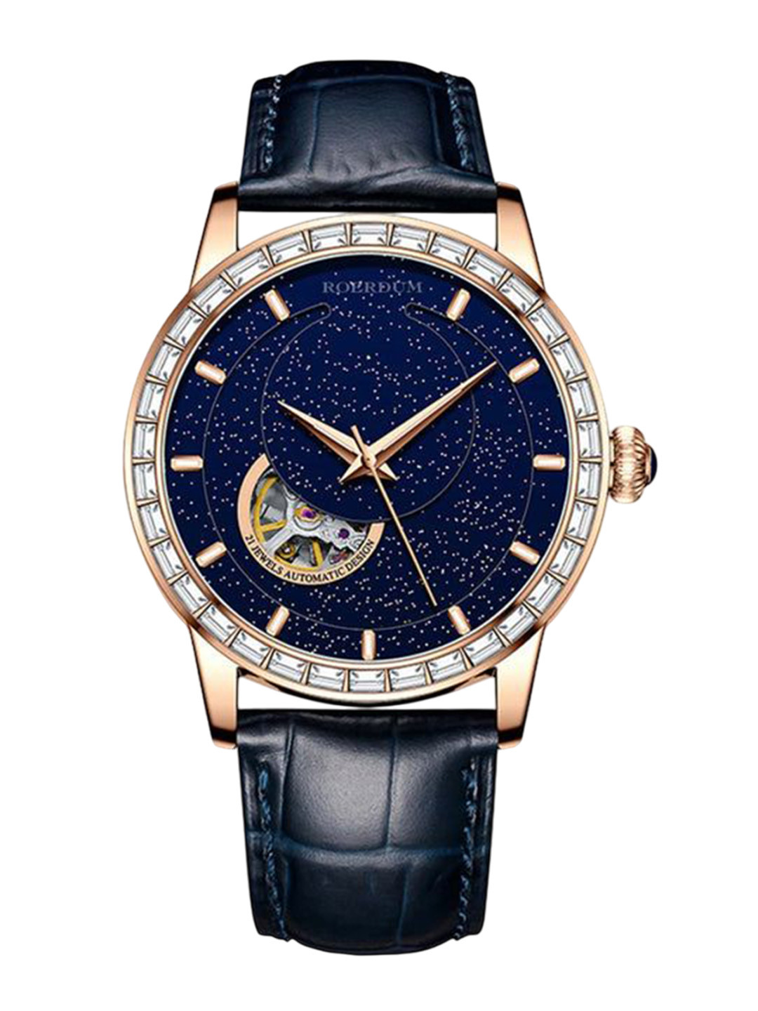 ZAADRAN Unisex Embellished Dial & Leather Straps Analogue Automatic Watch Space Moon Blue