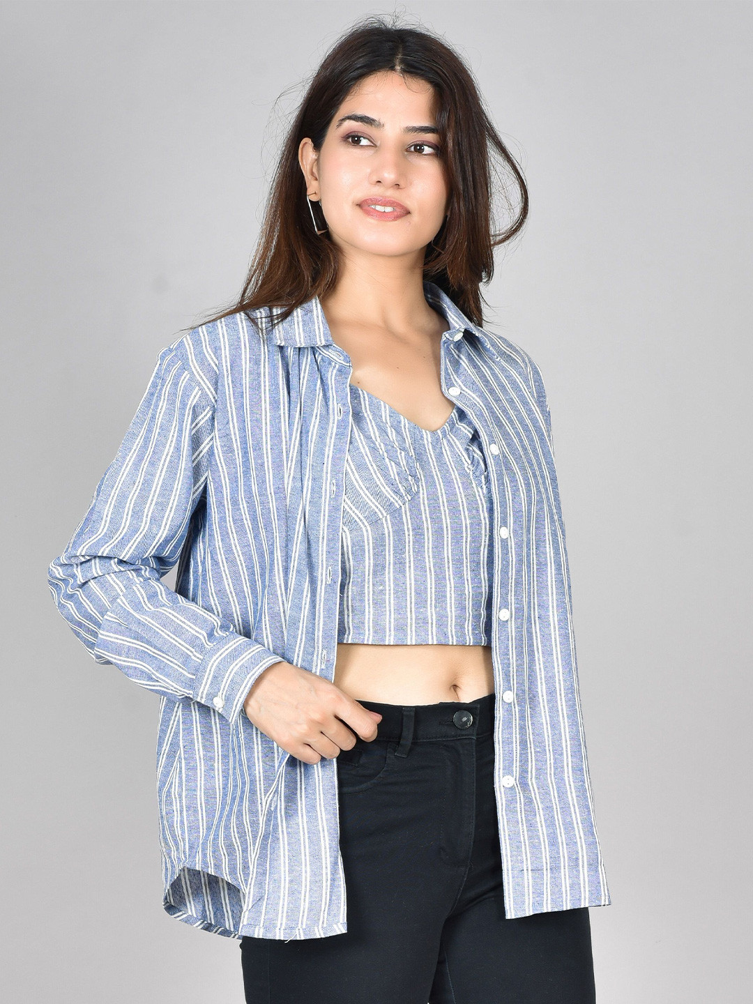 Anouk Rustic Women Vertical Striped Smocked Cotton Shirt Style Crop Top