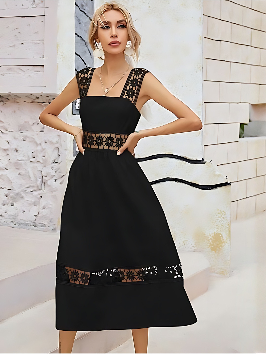 HIALTO Women Black Crepe & Lace Crochet Wide Strap Party Wear Midi Dress