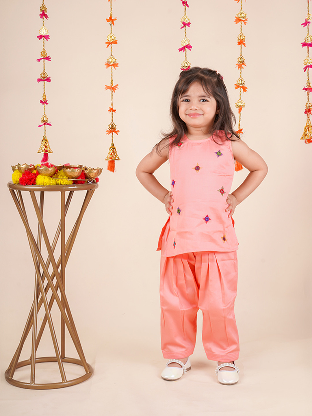 LOYZO-LOYAL TO JOY Girls Floral Embroidered Pure Cotton Top With Trousers