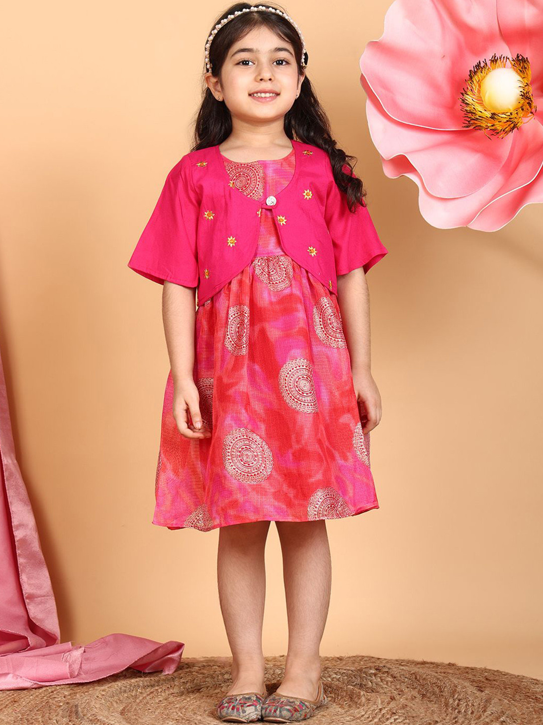 Here&Now X Kinder Kids Girls Foil Printed Cotton Ethnic Dress With Floral Jacket