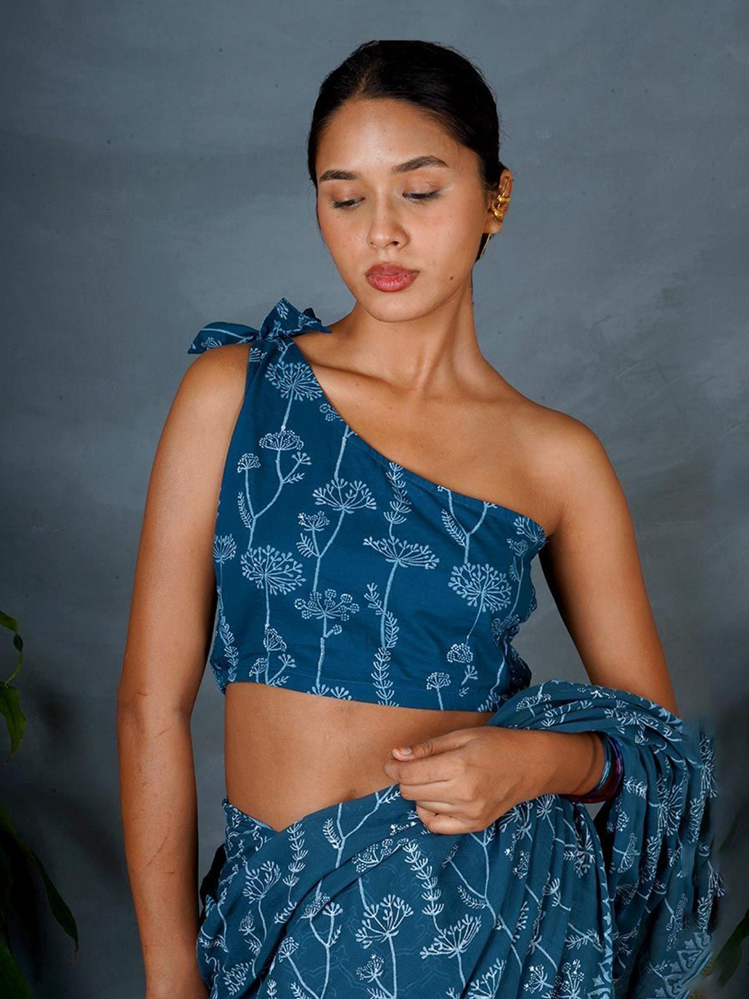 Chidiyaa MYA Inaya Women Floral Hand Block Printed One Shoulder Cotton Saree Blouse