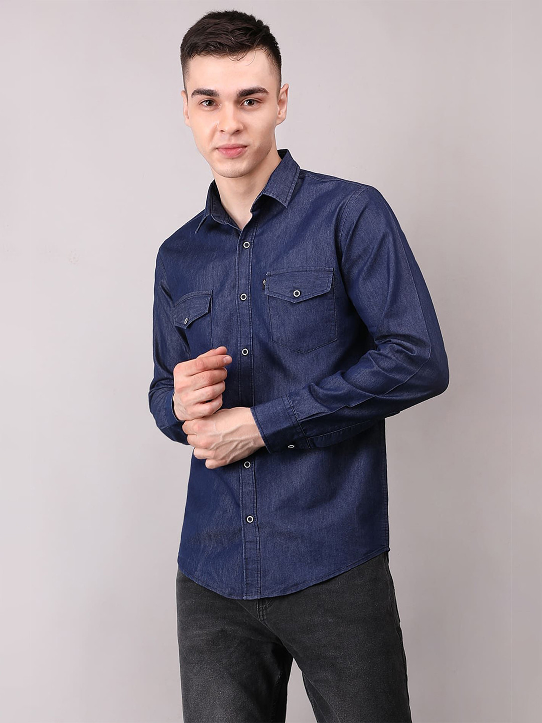 Devils Fashion Men Premium Fit Solid Spread Collar Casual Shirt