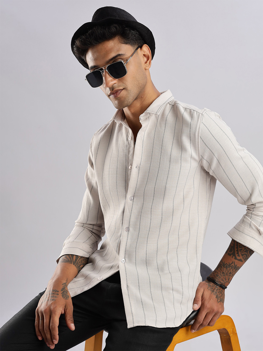 NEVER NEUD Men Air Like Linen Stripes Regular Slim Fit Casual Shirt