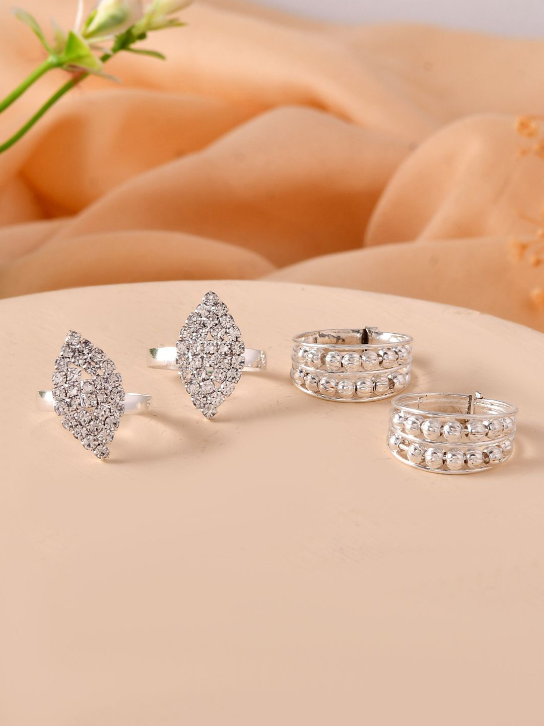 Silvermerc Designs Set Of 2 Silver-Plated CZ Studded Toe Rings Set