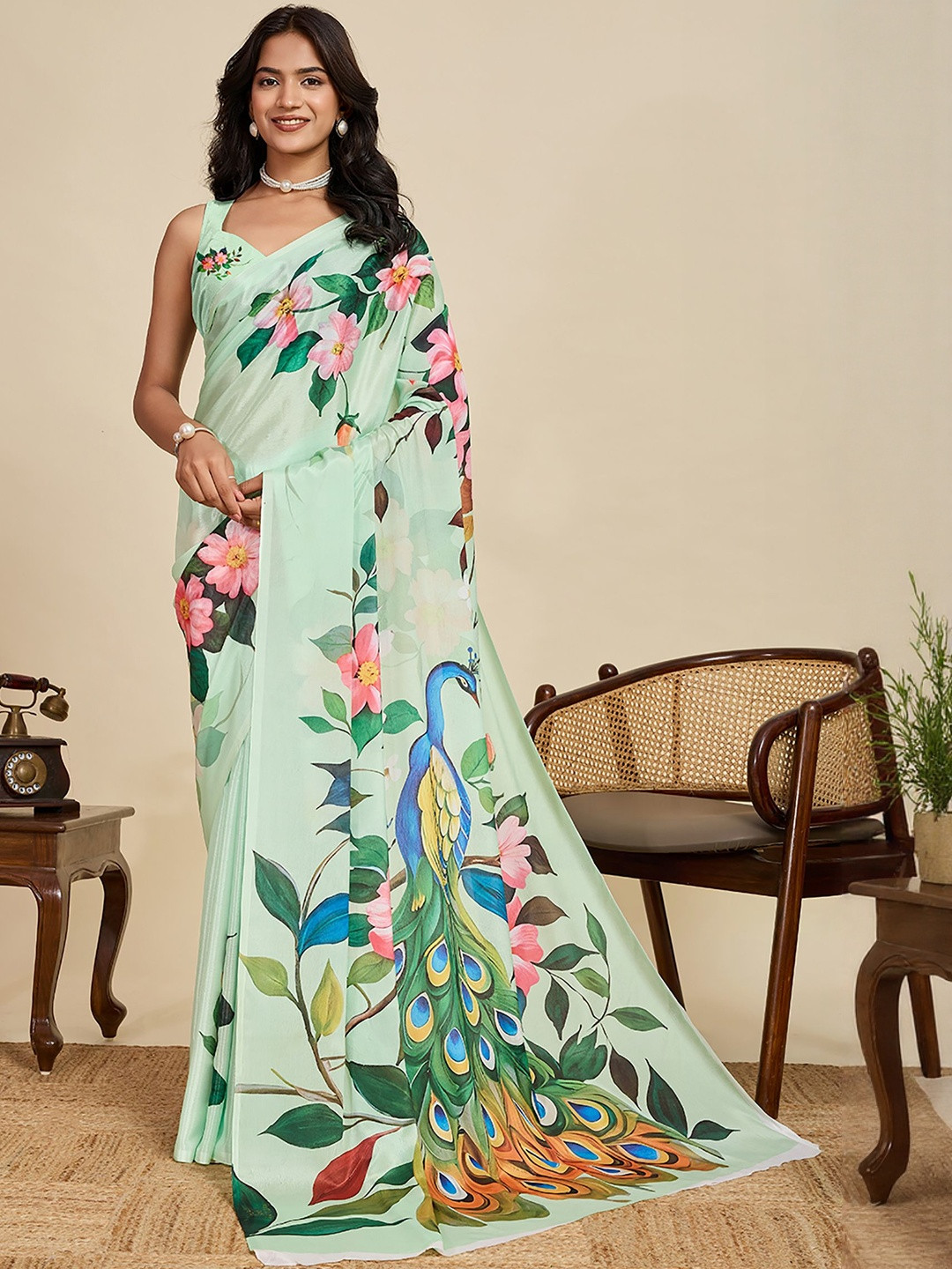 KALINI Women Green Silk Blend Designer Block Print Saree
