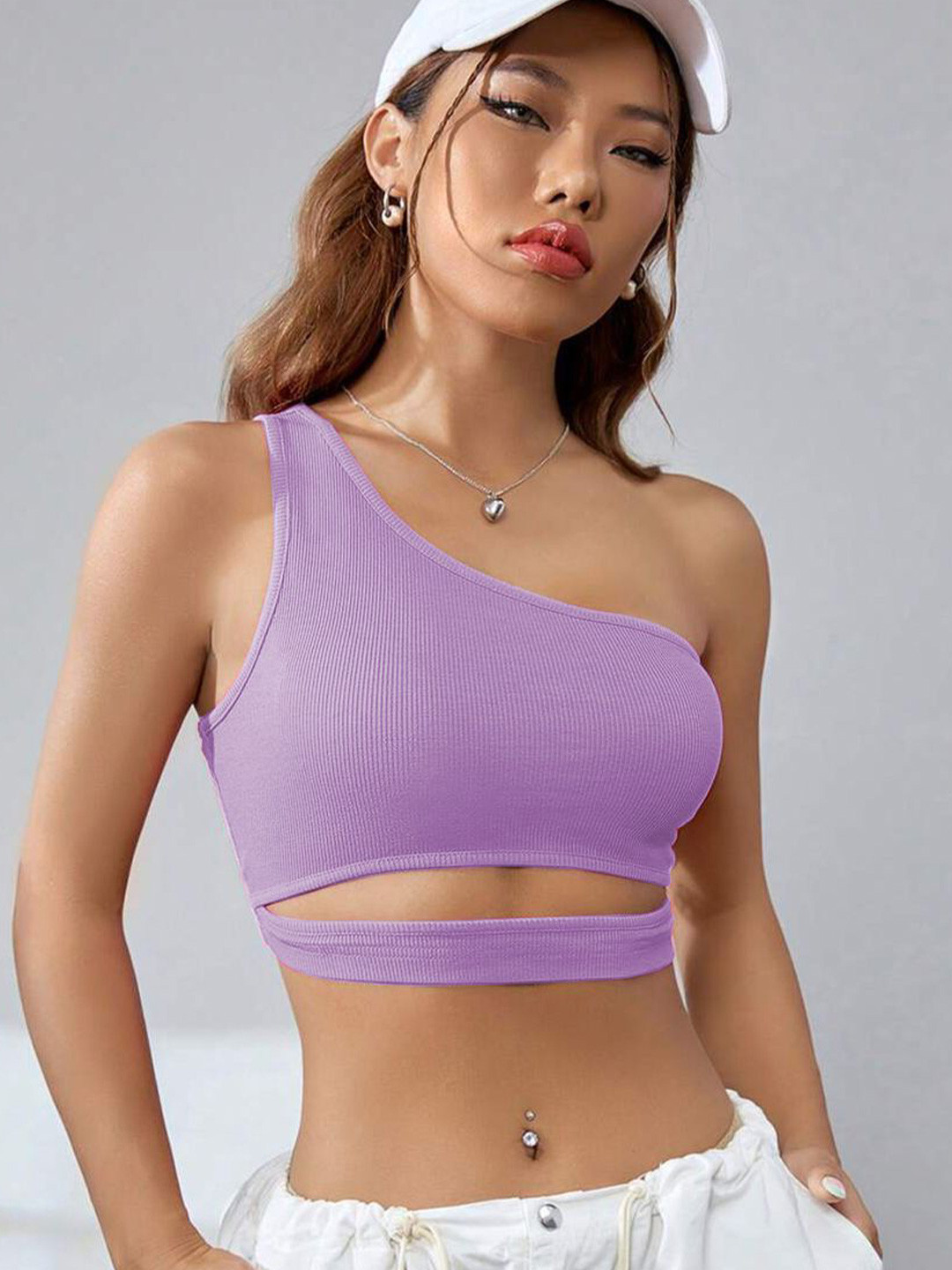 SSTAIR Women Purple Ribbed Solid Tank Crop Top