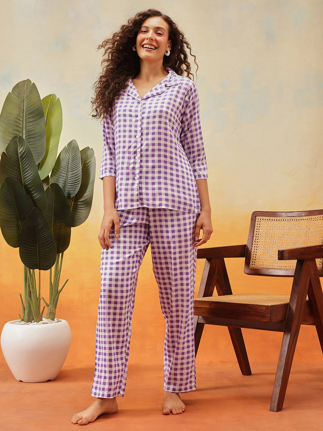 Clovia Classic Checks Cotton Button Me Down Shirt & Pyjama Set