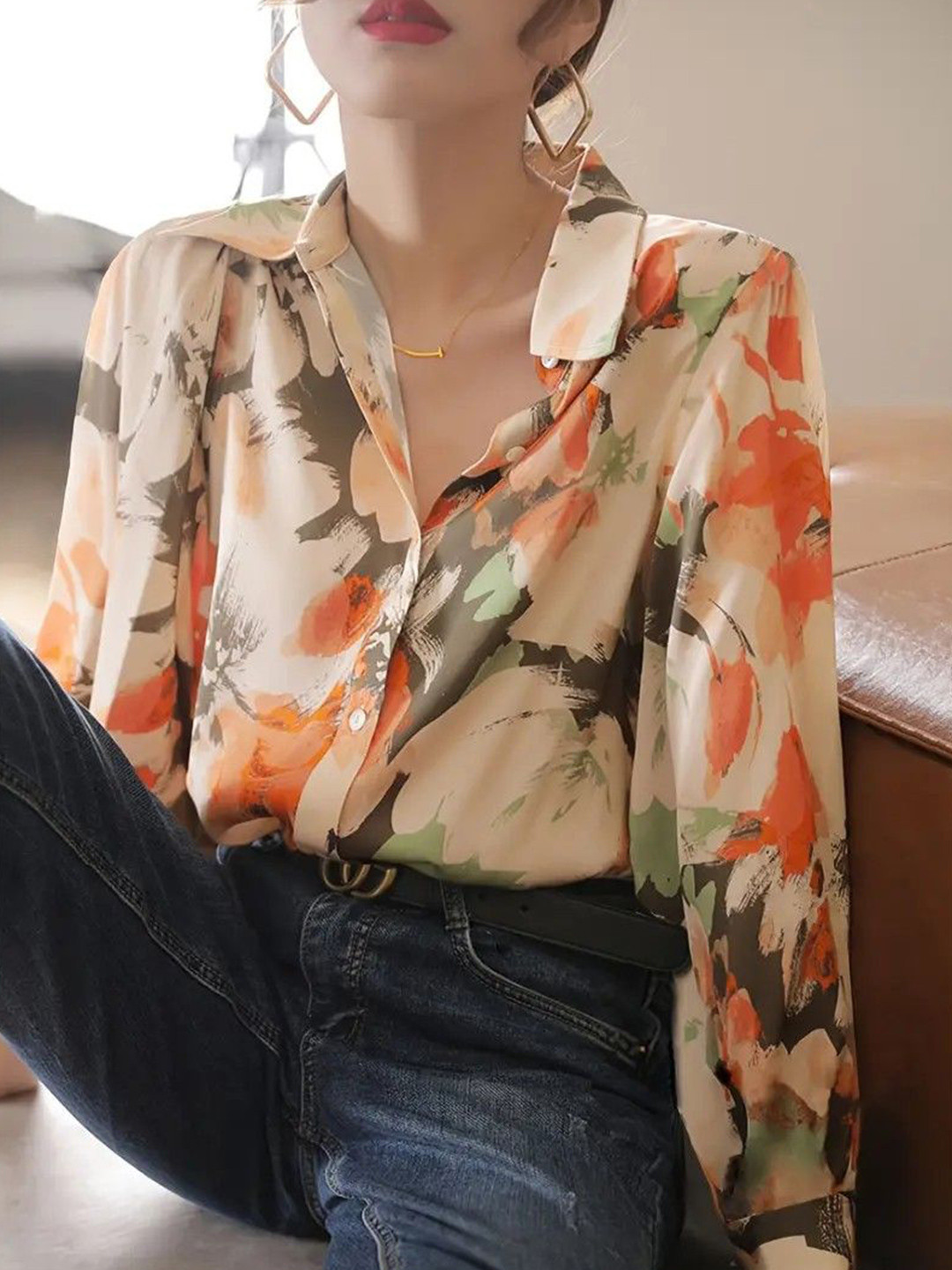 MARQUISA Floral Print Shirt Collar Puff Sleeves Shirt Style Top