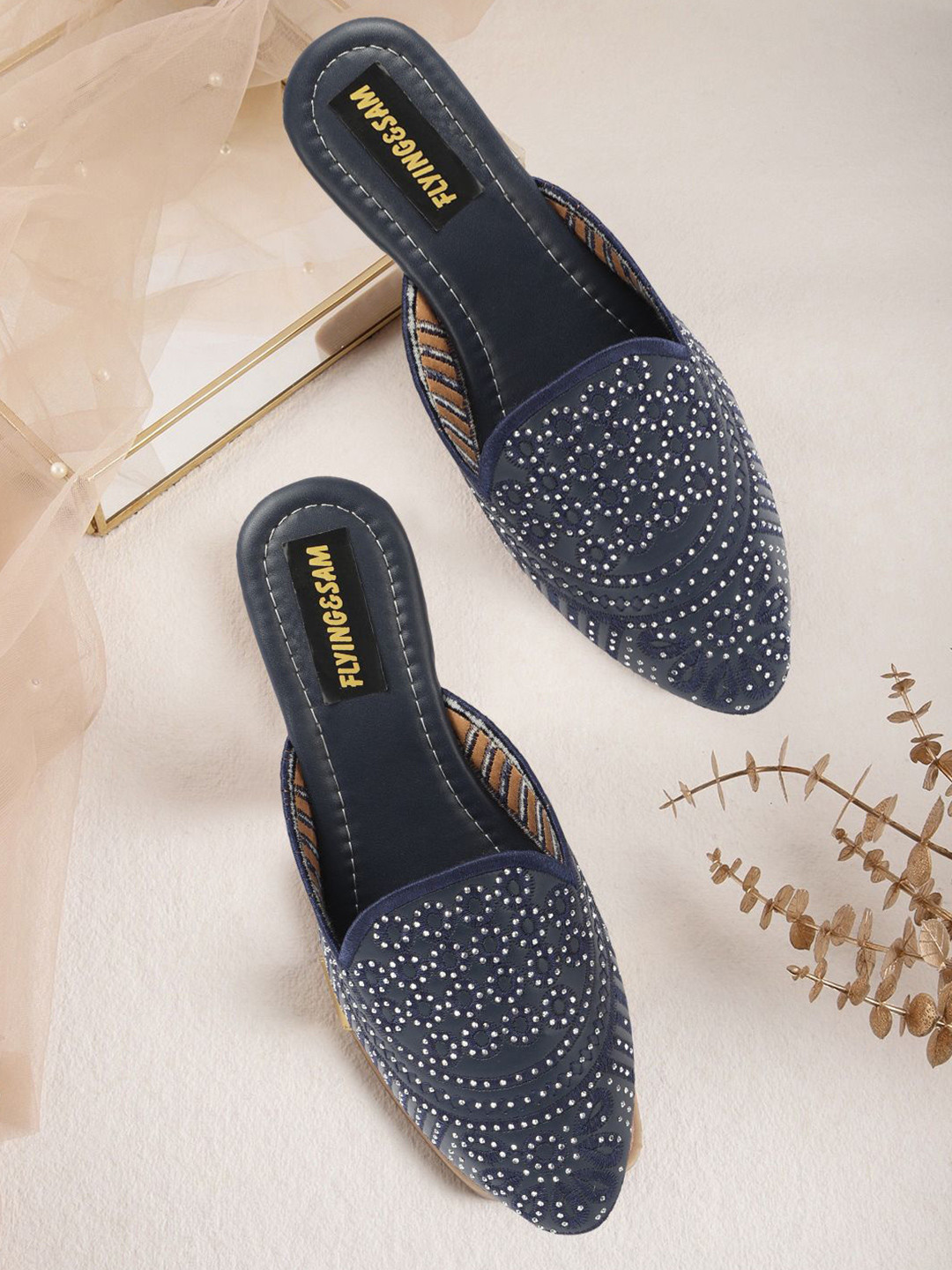 FLYING&SAM Women Pointed Toe Embellished Mules Flats