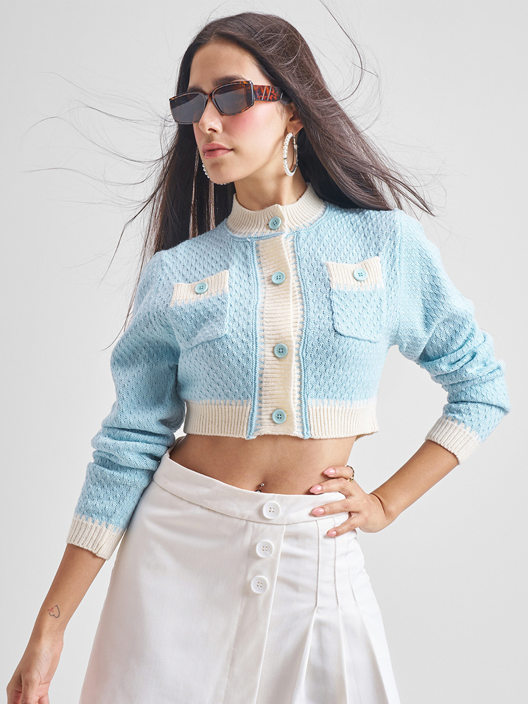 Tokyo Talkies Self Designed Mock Collar Crop Cardigan