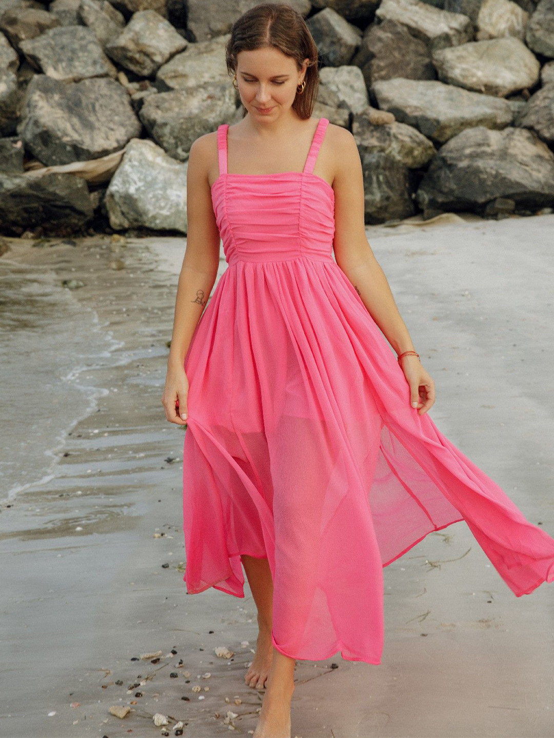 Aurevie Women Pink Solid Fit & Flare Midi Dress