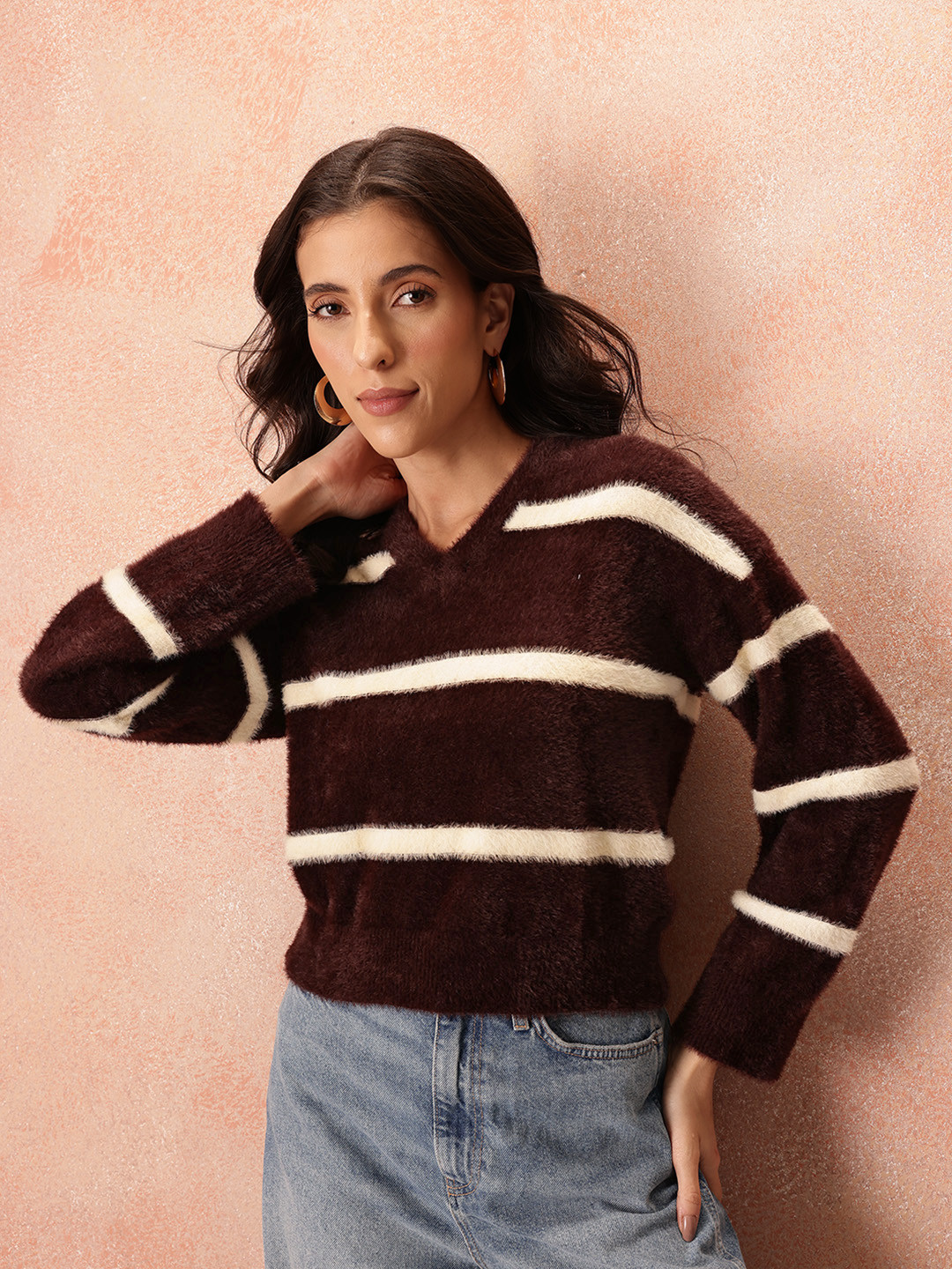all about you Horizontally Striped Fuzzy Pullover