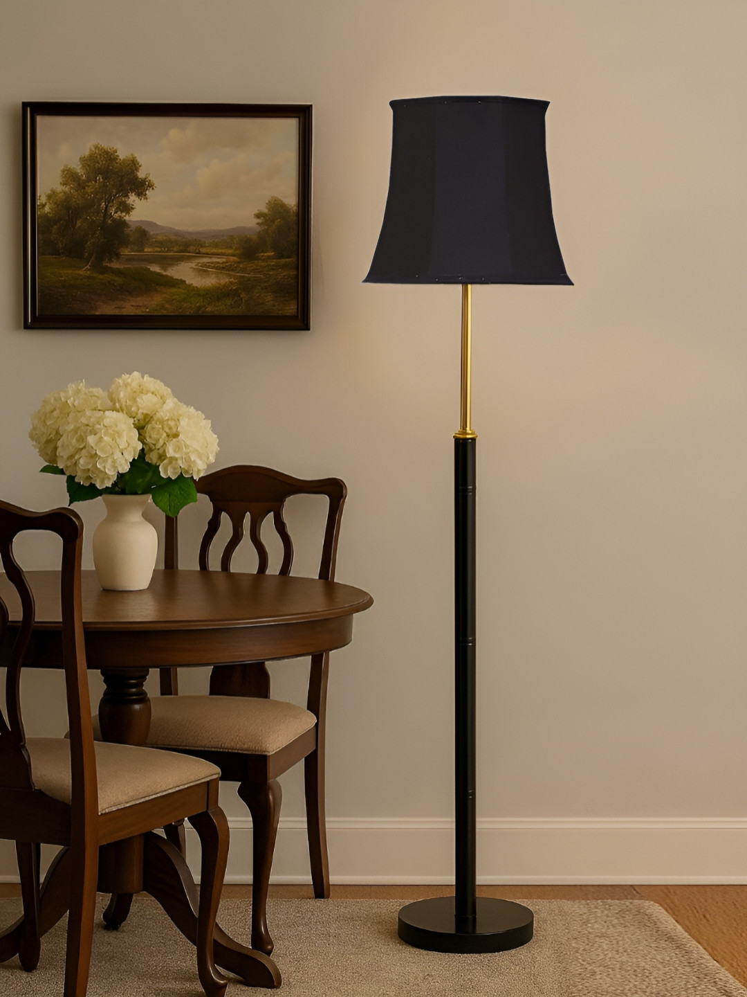 Devansh Black Soft Back Cotton Shade With Wooden Base Floor Lamp