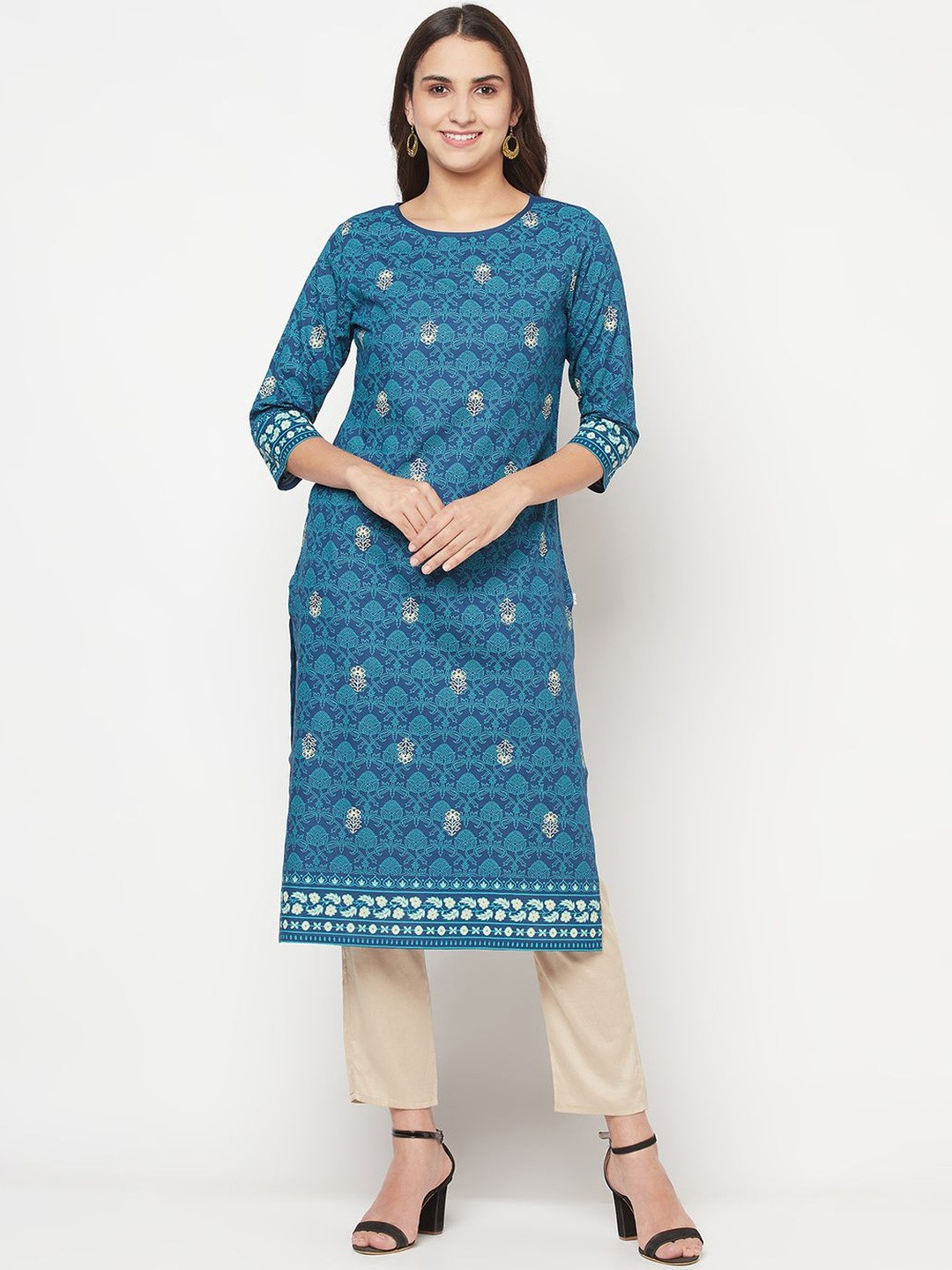 ANIYAH Women Round Neck Floral Blue Printed Kurti