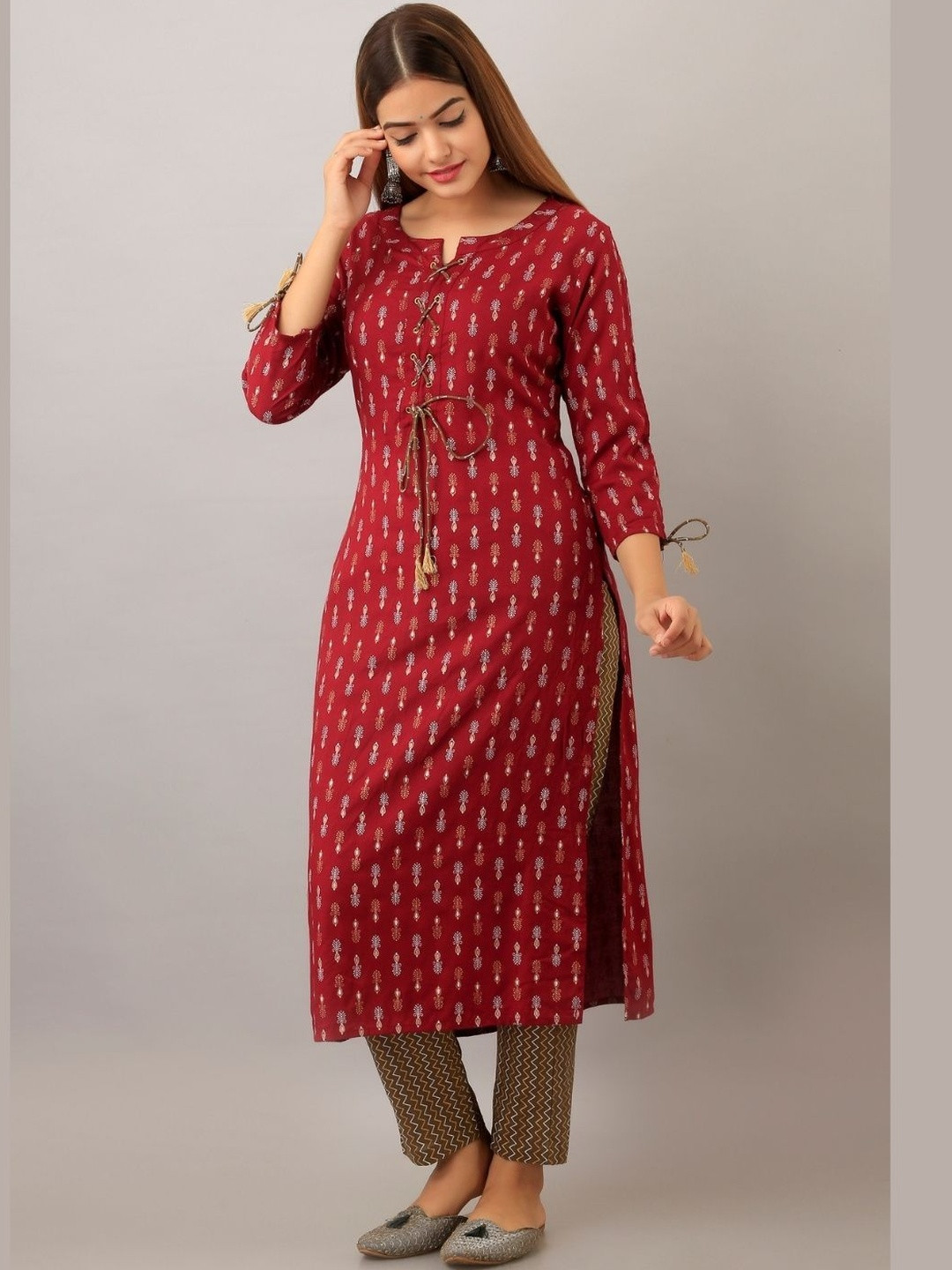 HERE&NOW Women Maroon Printed Ethnic Kurta With Tassel Detail