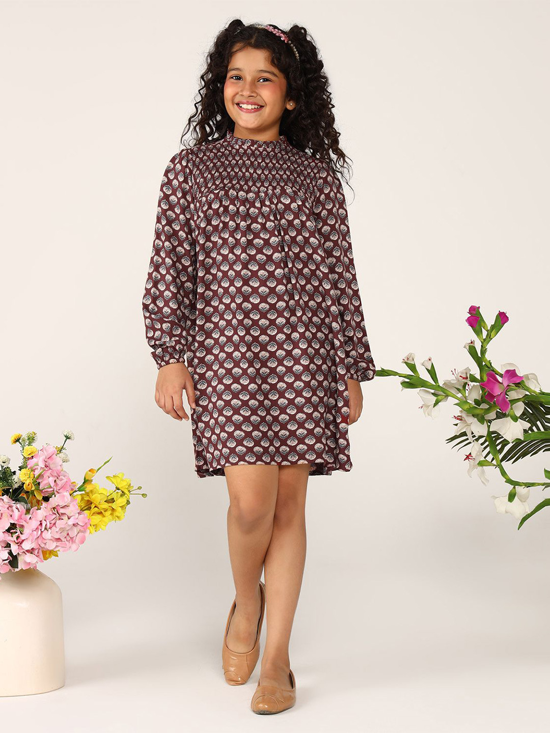 Miyo Girls Printed Puff Sleeves Smocked Cotton A-Line Dress