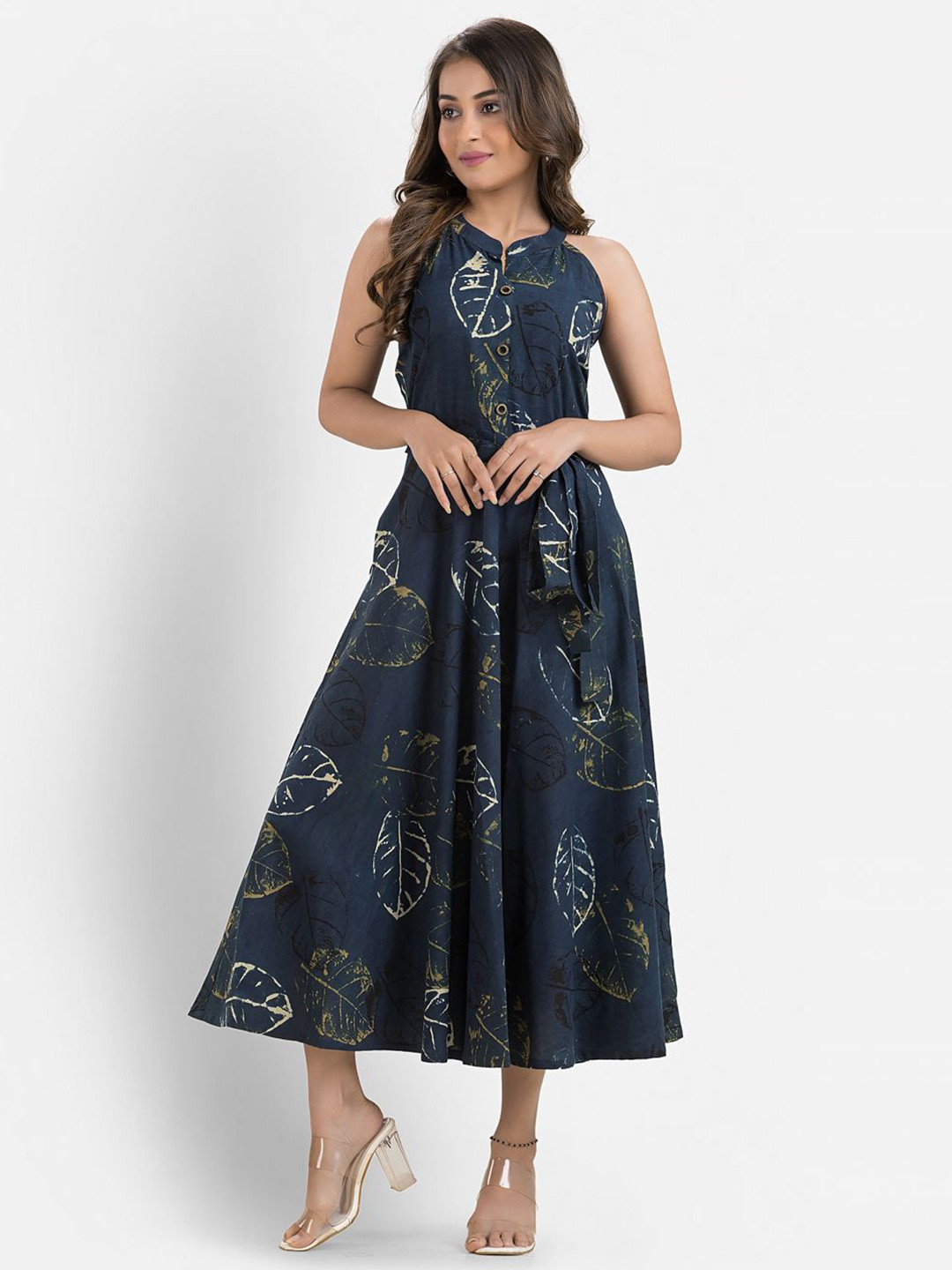 Crazy Needle Women Printed Tie-Ups Mandarin Collar Midi A-Line Dress