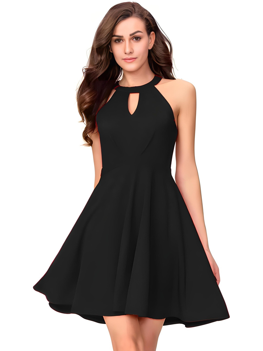 HEMANG FASHION Women Black Solid Keyhole Neck Fit & Flare Dress