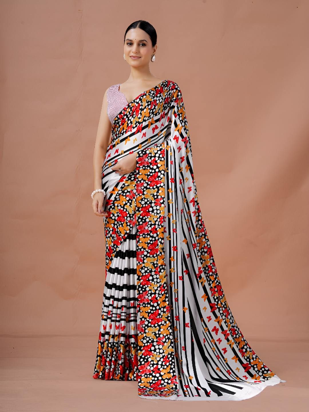 Garden Vareli Colourblocked Butterfly Printed Satin Saree