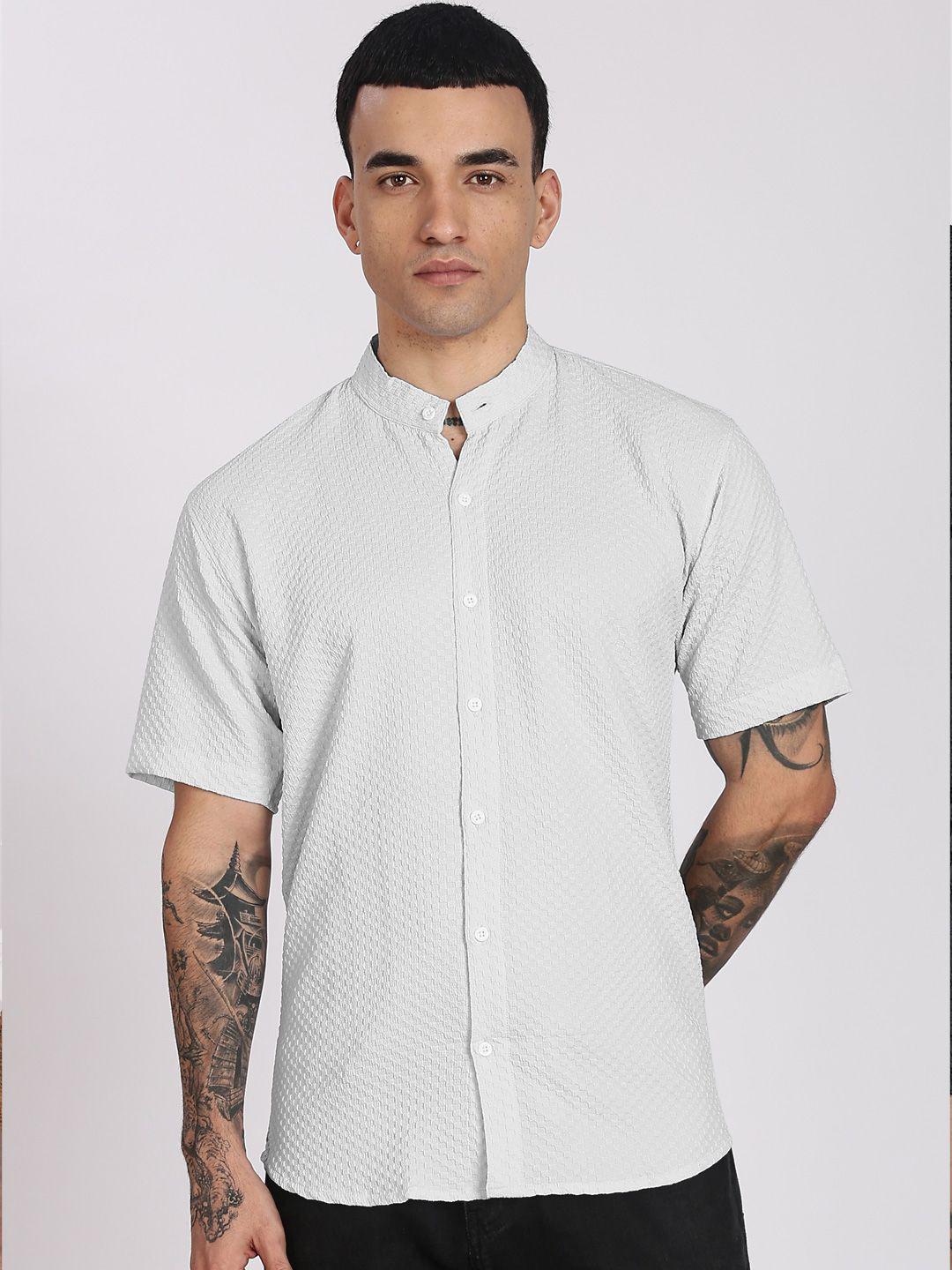 MaverIQ Men Premium Fit Textured Mandarin Collar Casual Shirt