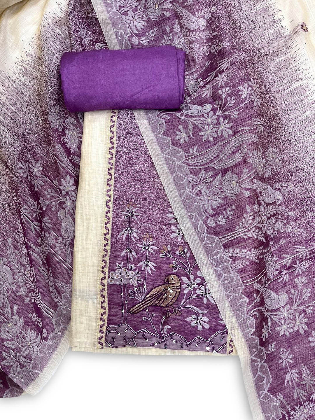 D tales Floral Embroidered Thread Work Linen Unstitched Dress Material