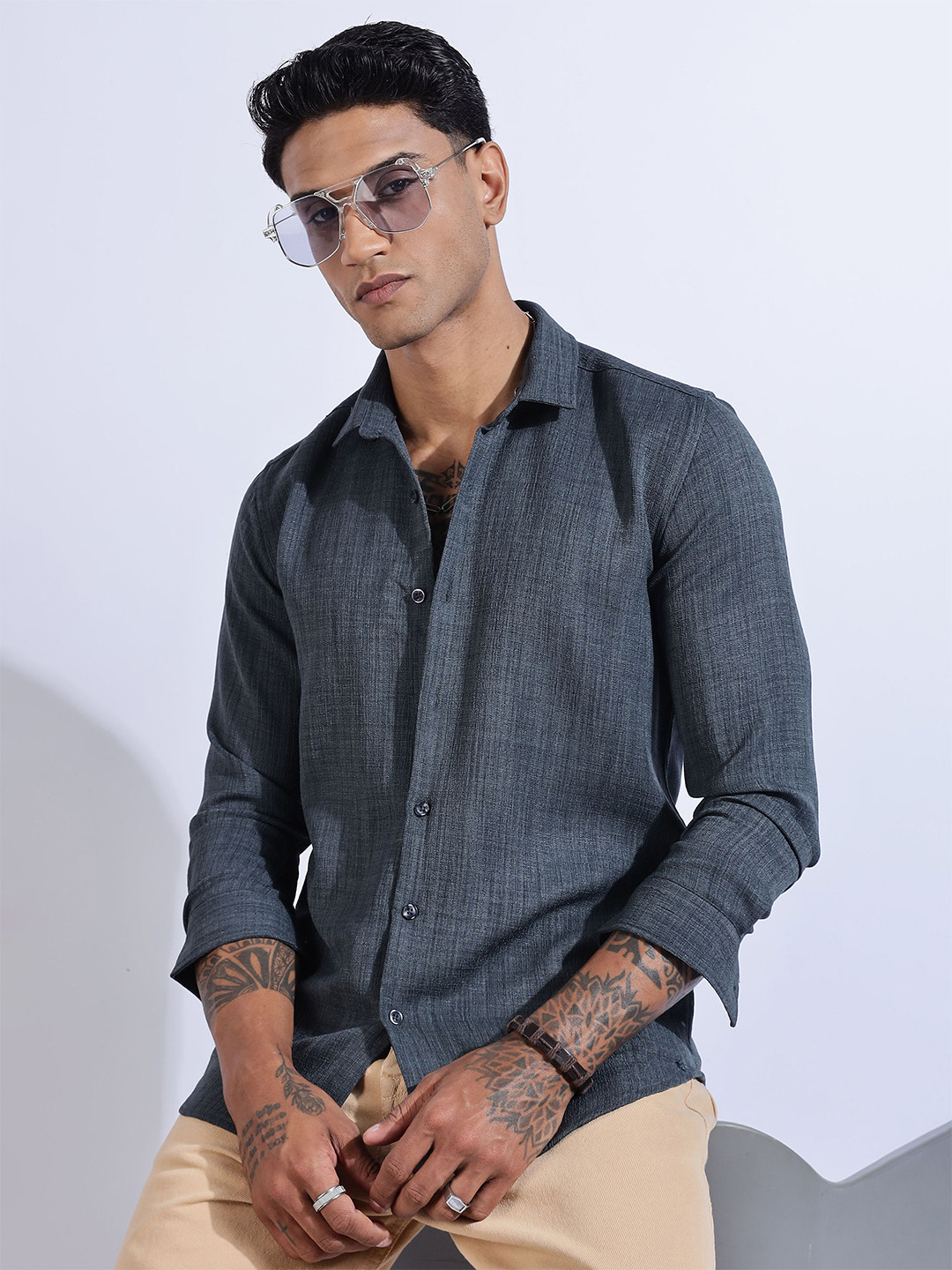 NEVER NEUD Men Air Like Linen Vintage Regular Slim Fit Casual Shirt