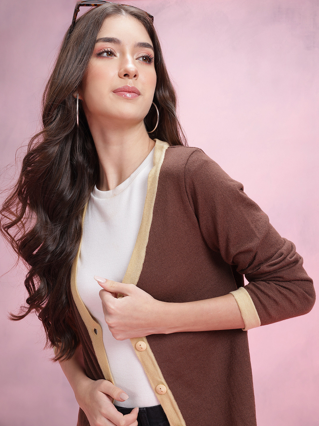 DressBerry V-Neck Contrast Edging Button Down Cardigan