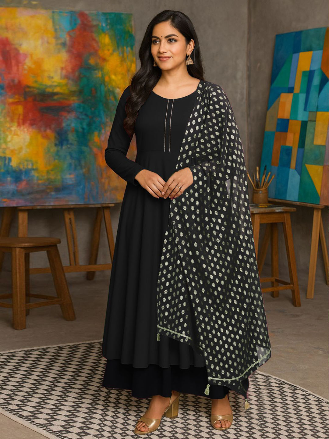 THE FAB FACTORY Printed Thread Work Round Neck Anarkali Kurta