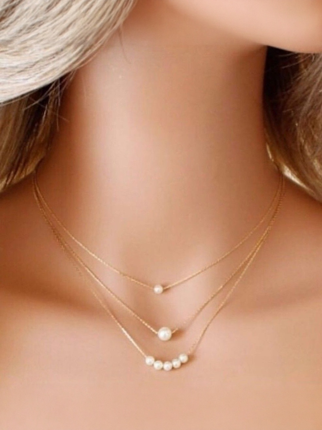 ReNi Women Gold Tone Three Layered Pearl Necklace