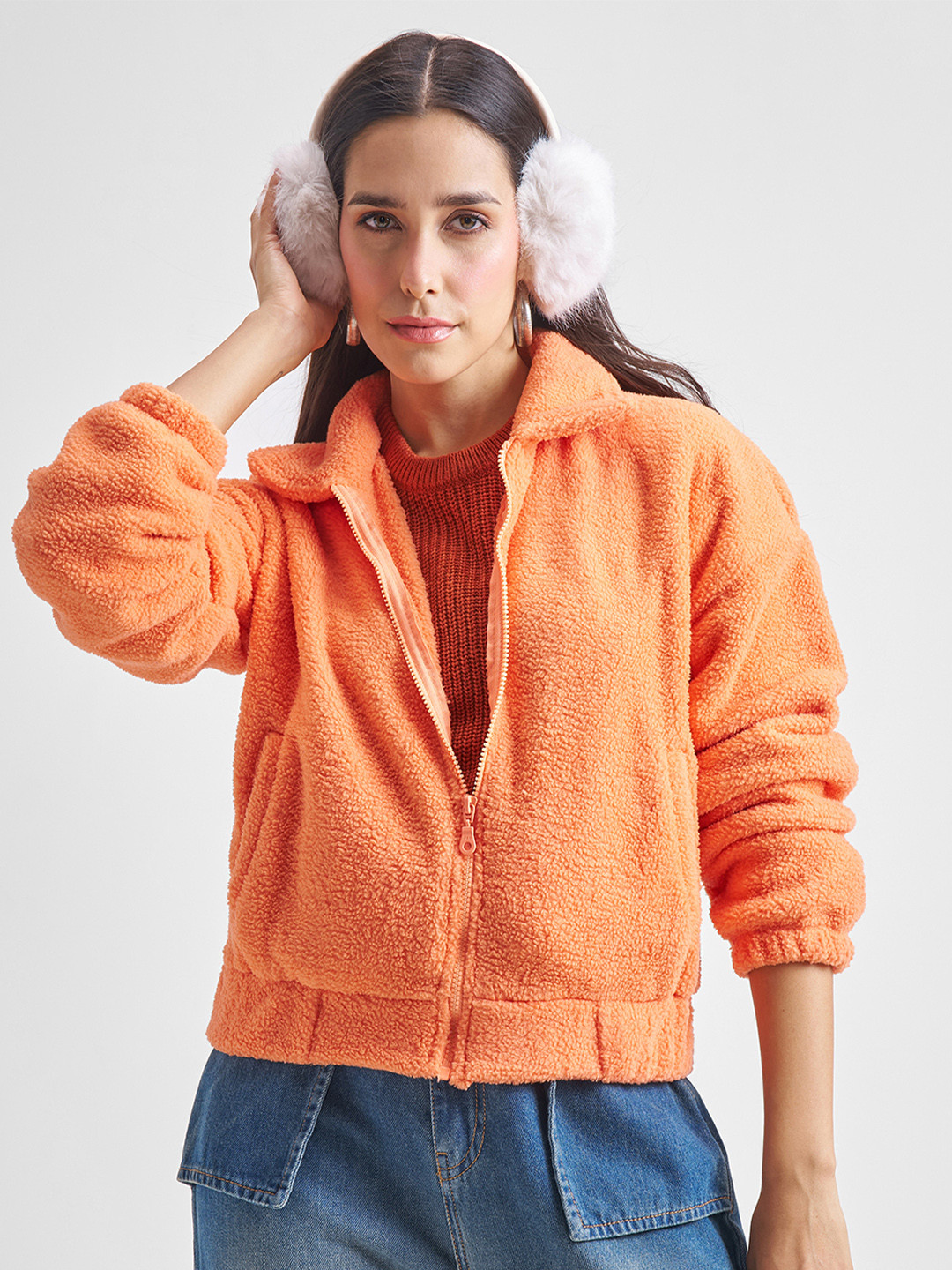 Tokyo Talkies Orange Spread Collar Bomber Jacket