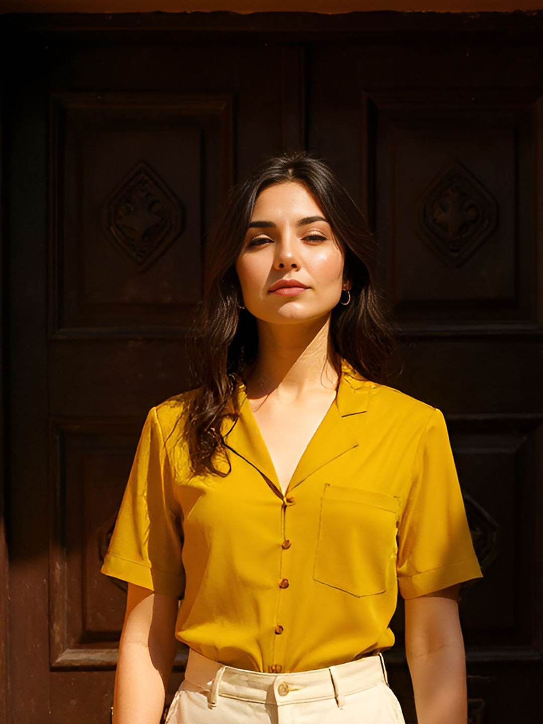 Mustard Yellow Shirt Collar Top with Short Sleeves