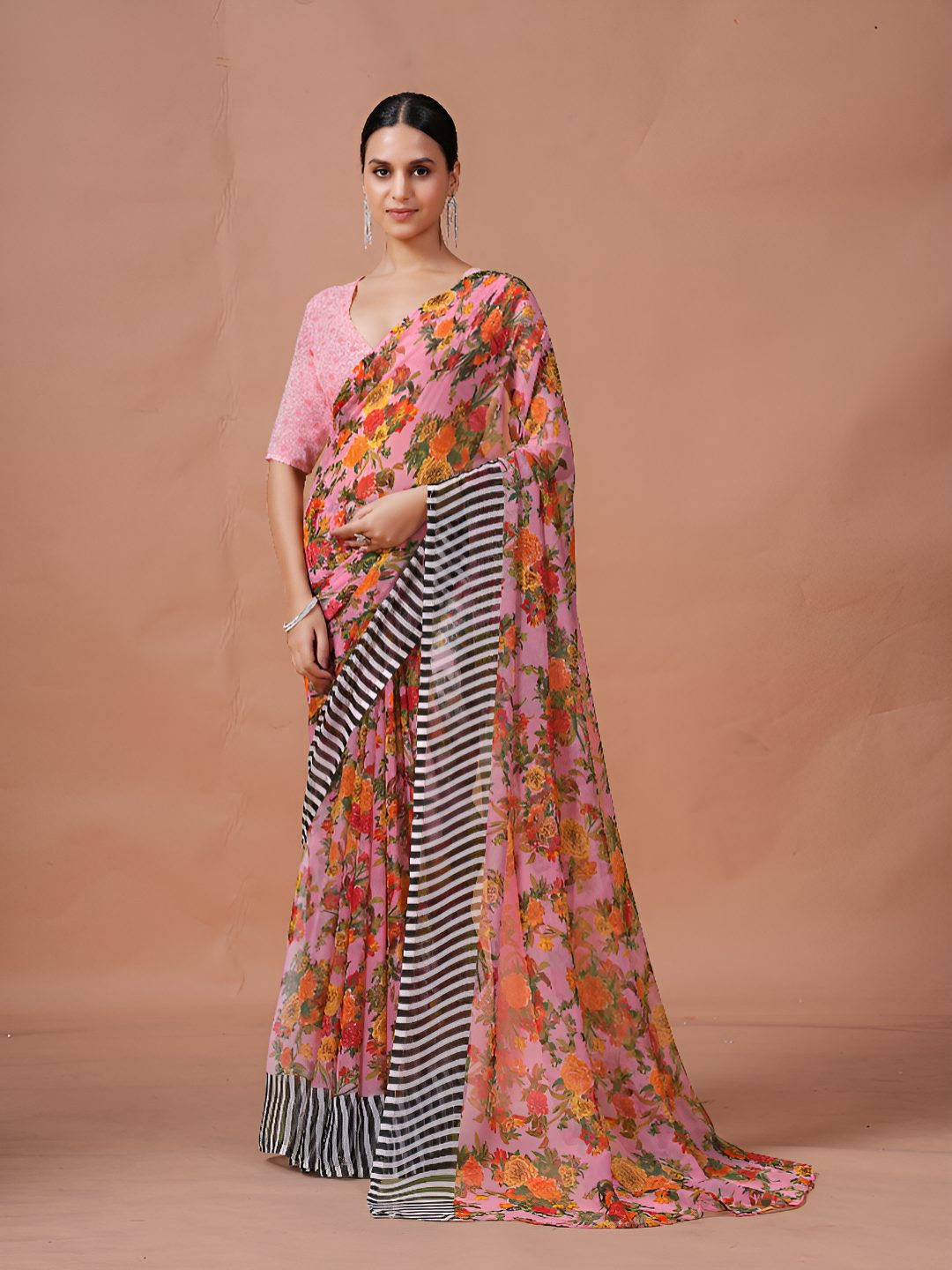Garden Vareli Floral Print Saree With Stripe Border & Blouse Piece