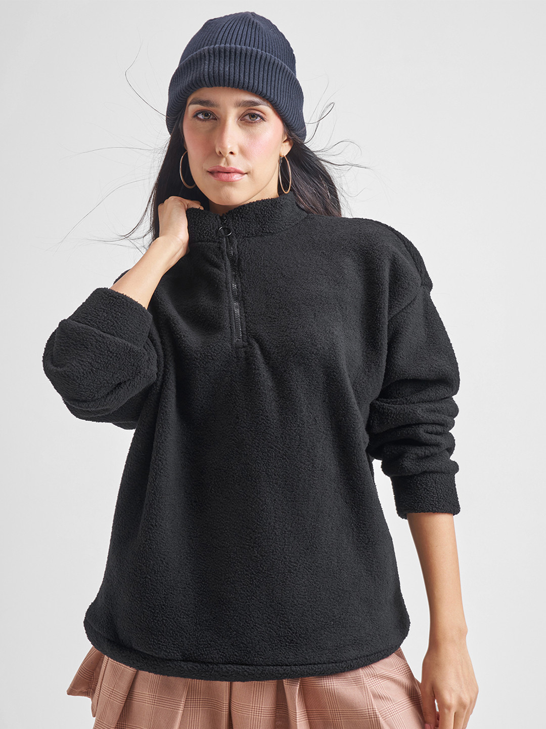 Tokyo Talkies Black High Neck Oversized Pullover Sweatshirt