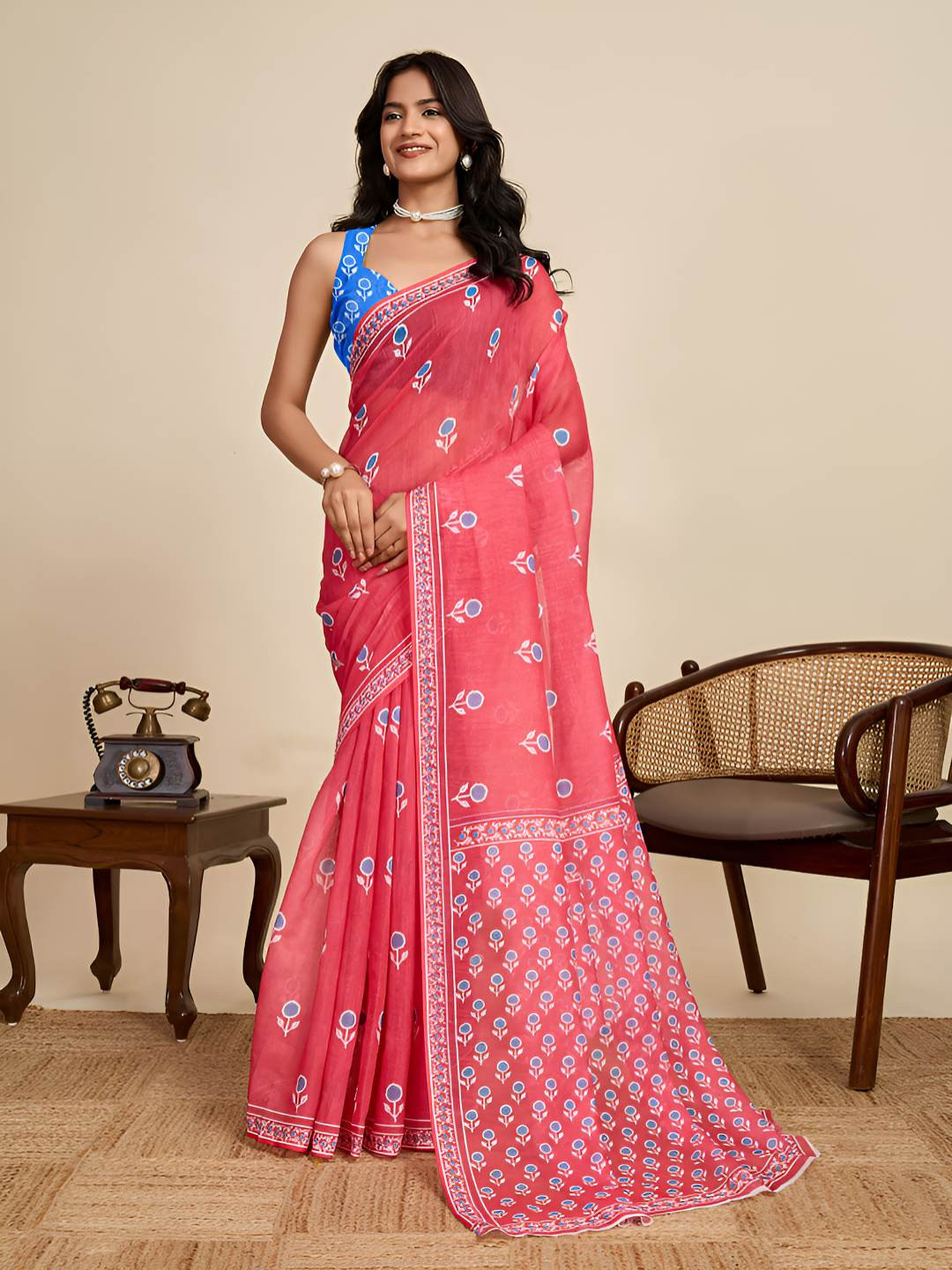 AMRUTKALA SAREES Floral Linen Block Print Saree With Unstitched Blouse Piece