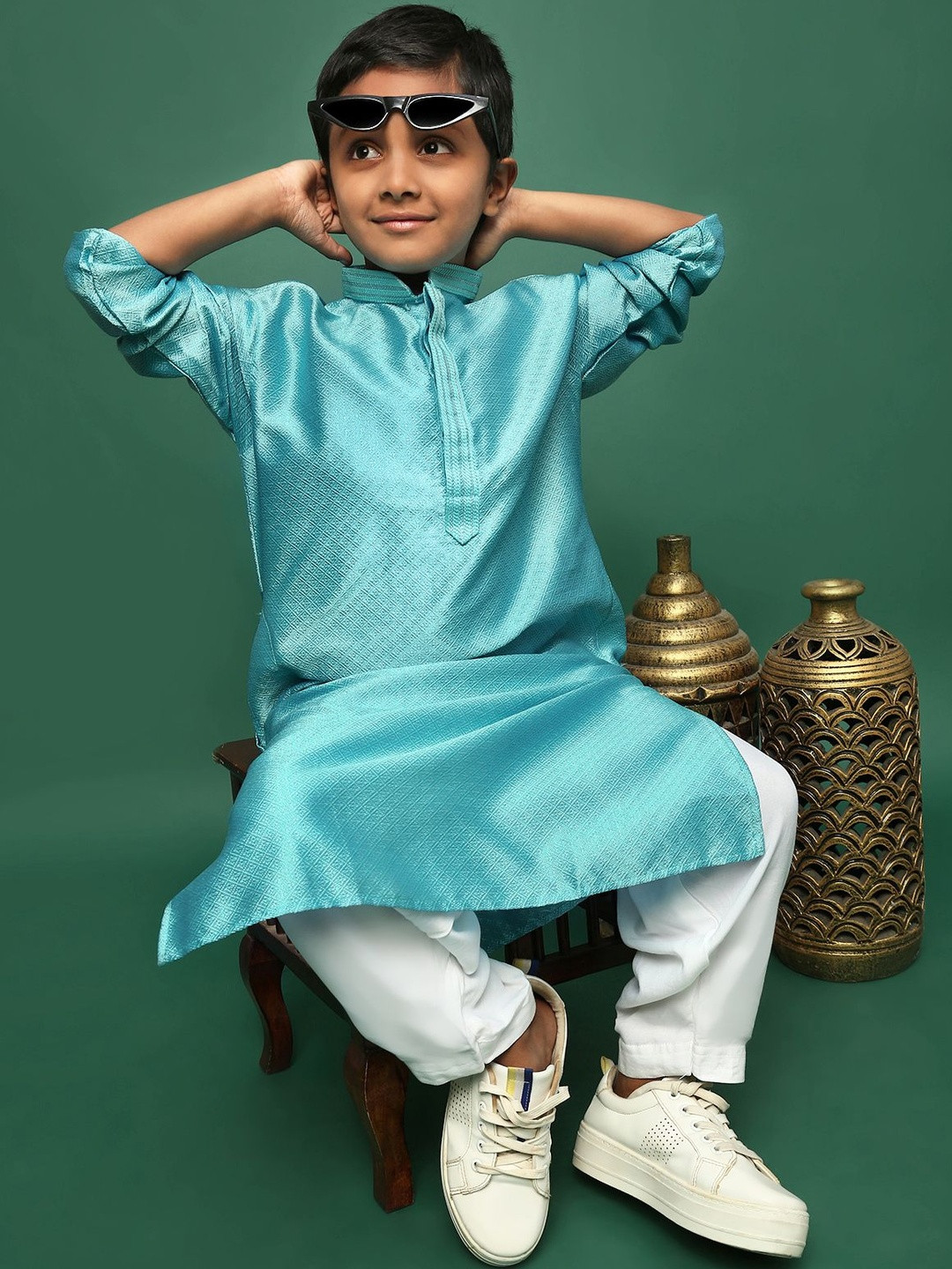 Sangria Boys Sea Green Silk Blend Chikankari & Sequin Kurta Set