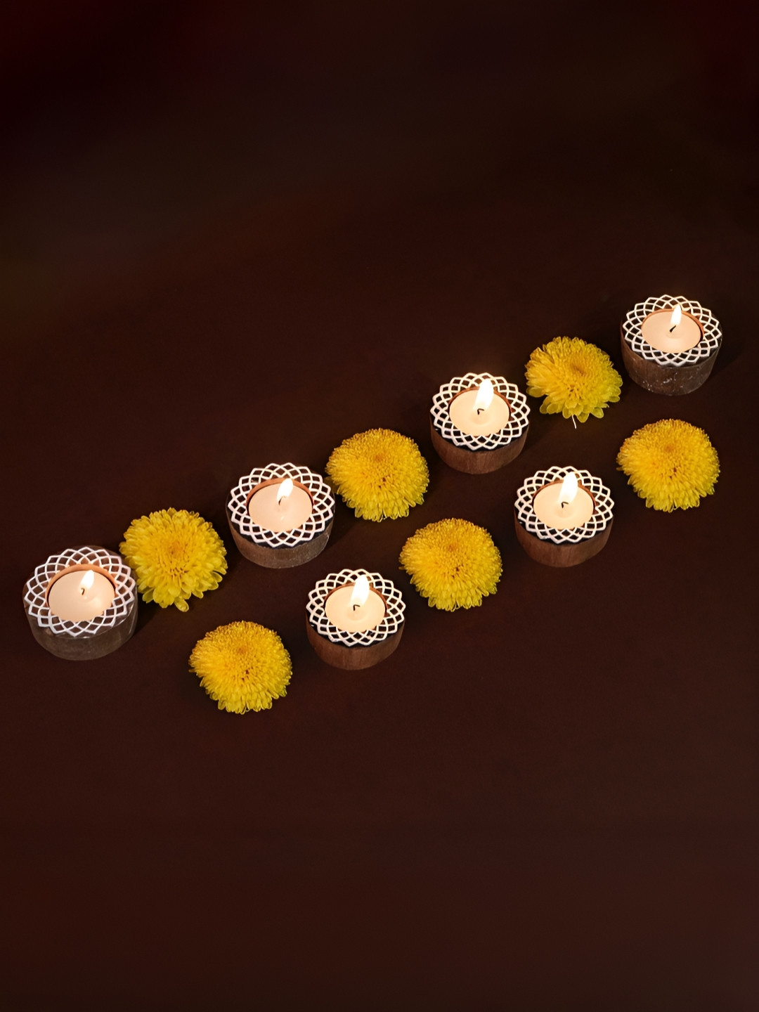Peepul Tree Brown & White 6 Pieces Textured Wooden Tea Light Candle Holders