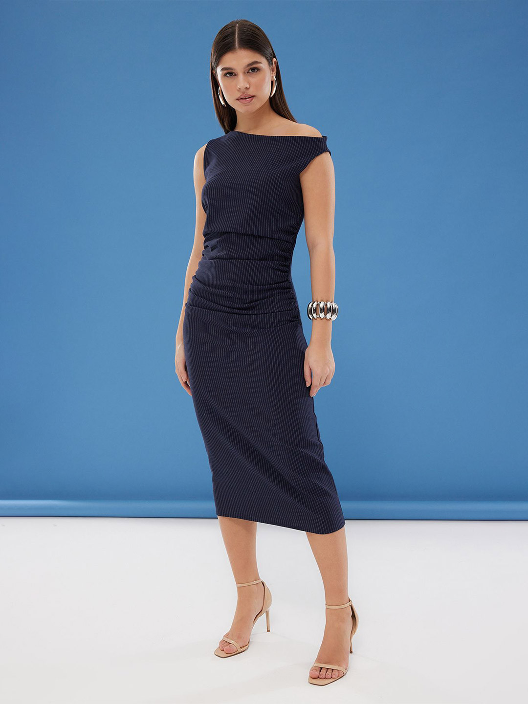 Trendyol Striped Boat Neck Sheath Midi Dress