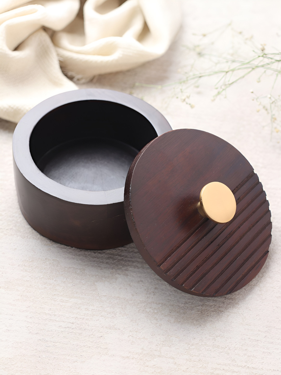 Decor de Maison Brown Artisan's Stripes Wood Trinket Large Brown Box Container With Lid