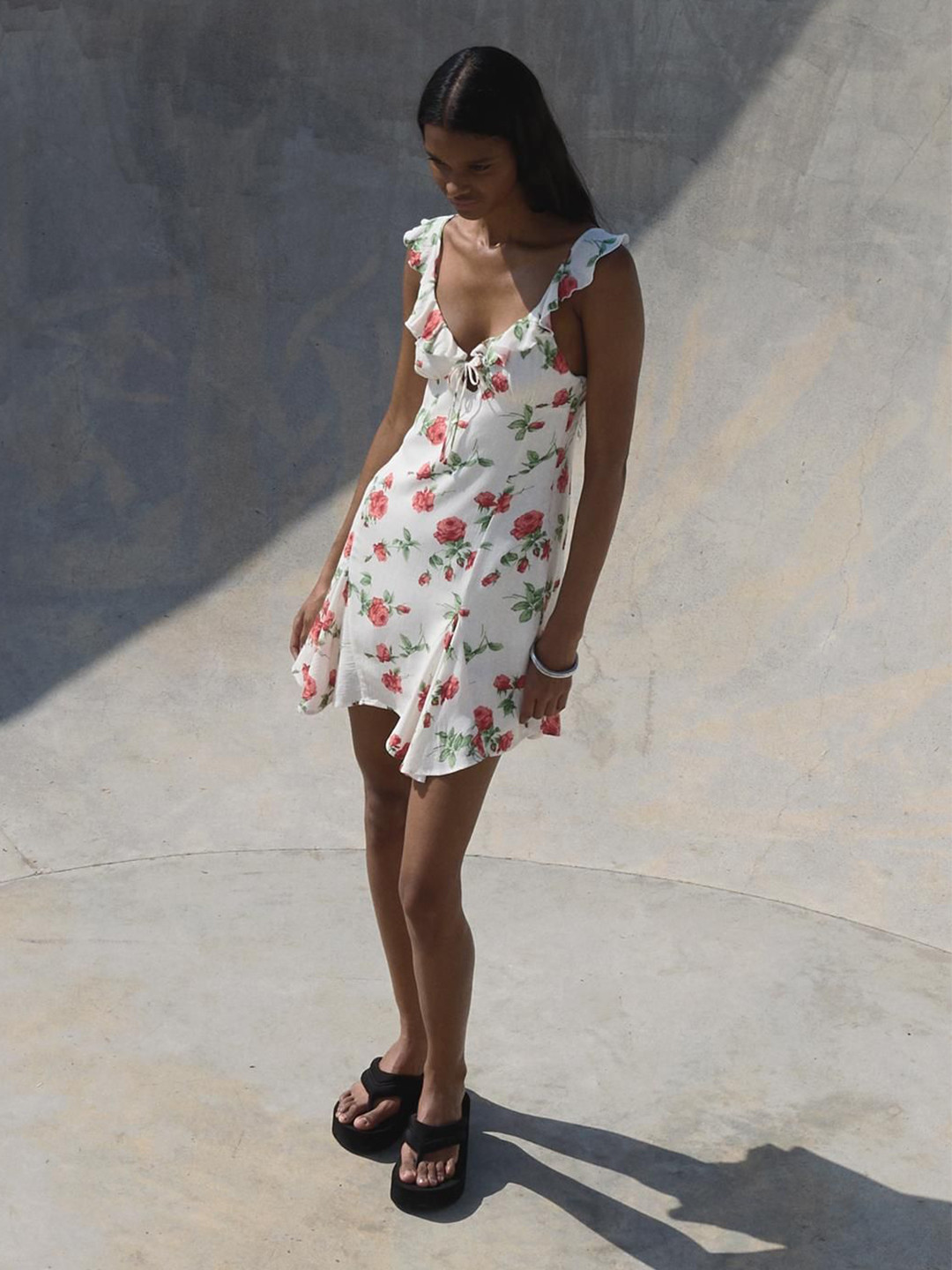 Bershka Floral Print Flutter Sleeves  A-Line Dress