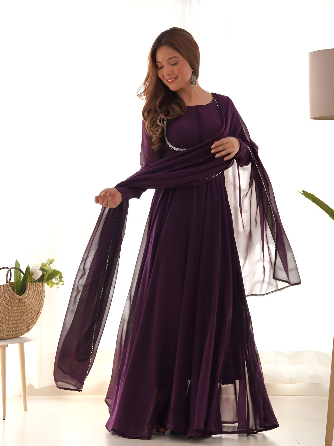 KAROVI Women Solid Anarkali Kurta with Trouser & Dupatta